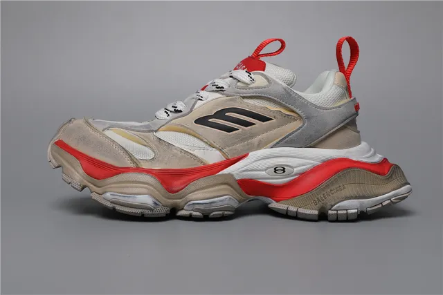 Balenciaga Beige Rojo Suela en capas Parte superior mixta ante-malla Sneakers chunky 9