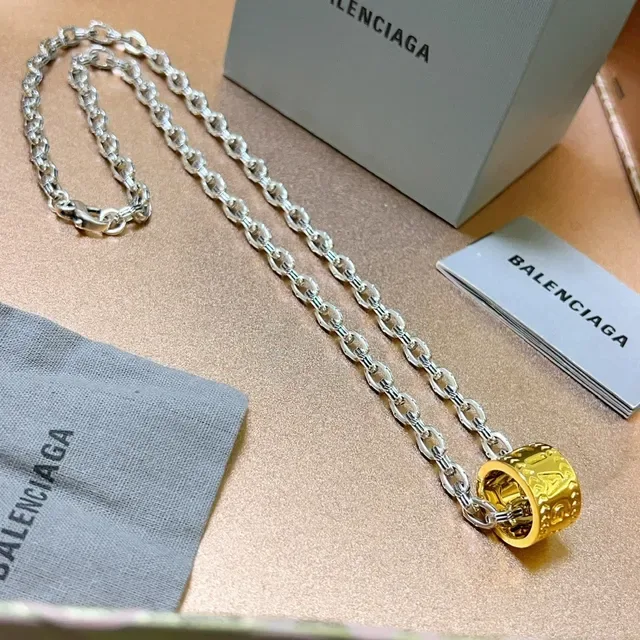 Balenciaga Colar Pendente Dourado Cilindro Corrente Prata 3