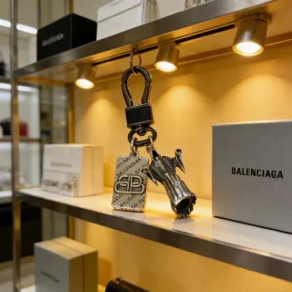 Balenciaga Sculptural Hand and BB Logo Keychain Silver Black Charm Engraved Tag Jewelry