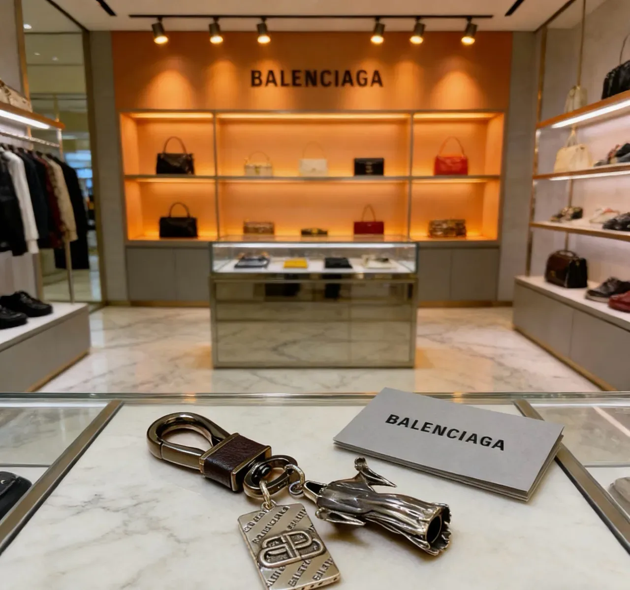 Balenciaga Porte-clés Main Sculpturale et Logo BB Argent Noir Breloque Étiquette Gravée Bijoux 4