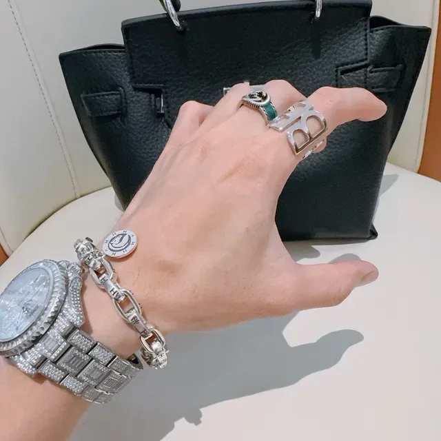 Balenciaga Silver Geometric Logo Motif Polished Metal Ring 5