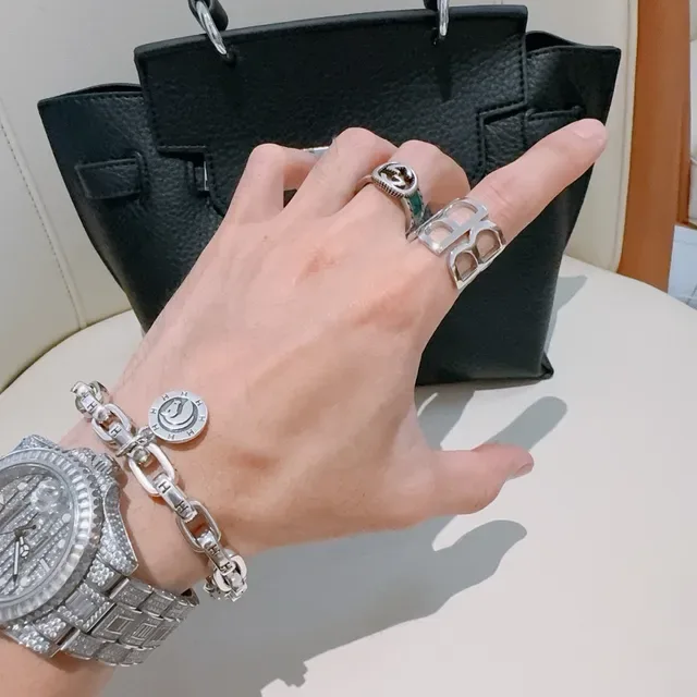 Balenciaga Silver Geometric Logo Motif Polished Metal Ring 9