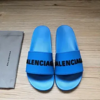 Balenciaga Slide Bleu Sangle Logo Pantoufles
