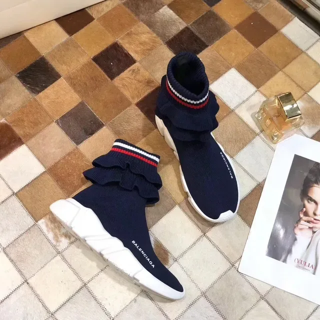 Balenciaga Speed Trainer Tênis Lifestyle Tricô Azul Marinho com Babados 2
