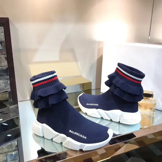 Balenciaga Speed Trainer Tênis Lifestyle Tricô Azul Marinho com Babados 3