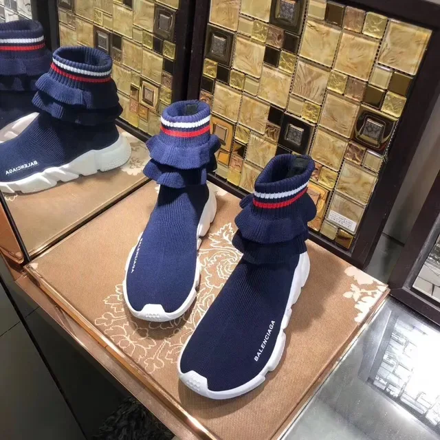 Balenciaga Speed Trainer Tênis Lifestyle Tricô Azul Marinho com Babados 4