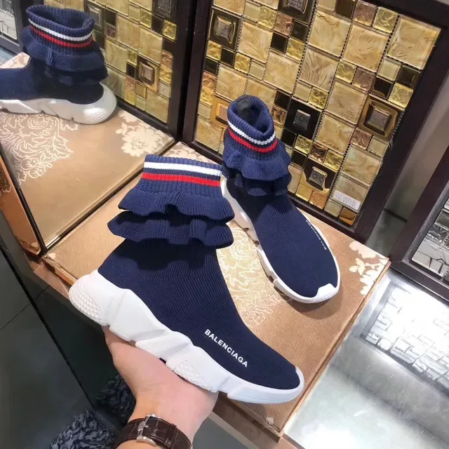 Balenciaga Speed Trainer Tênis Lifestyle Tricô Azul Marinho com Babados 5
