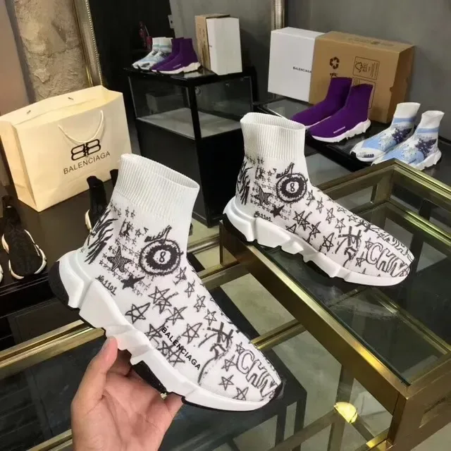 Balenciaga Speed Trainer Zapatillas Lifestyle Blancas Graffiti-Print Sin Cordones 4