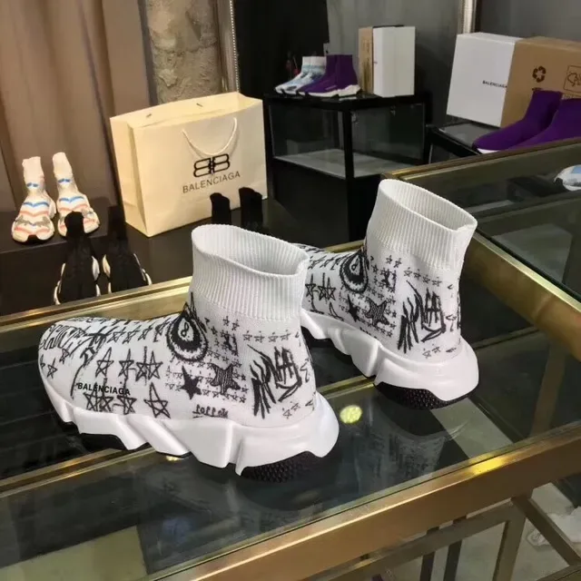Balenciaga Speed Trainer Zapatillas Lifestyle Blancas Graffiti-Print Sin Cordones 5