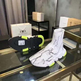 Balenciaga Speed Trainer White Yellow Sock-Fit Knit Upper Marble Crackle Print Lifestyle Sneakers