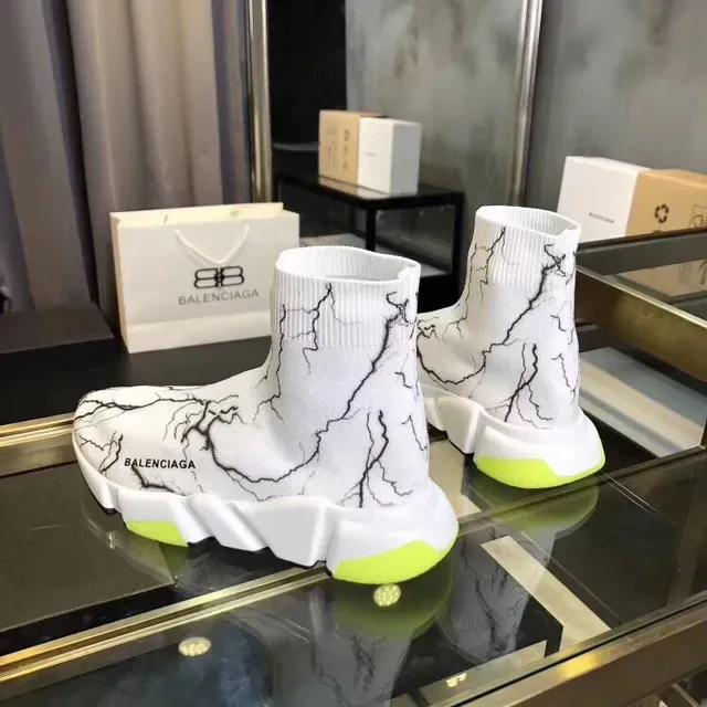 Balenciaga Speed Trainer सफेद पीला मोजा फिट निट अपर मार्बल क्रैकल प्रिंट लाइफस्टाइल स्नीकर 3