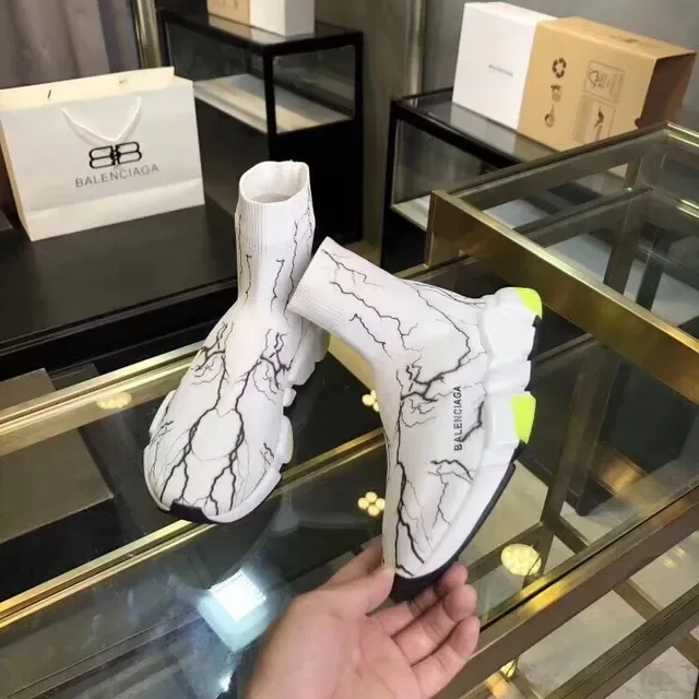 Balenciaga Speed Trainer सफेद पीला मोजा फिट निट अपर मार्बल क्रैकल प्रिंट लाइफस्टाइल स्नीकर 5