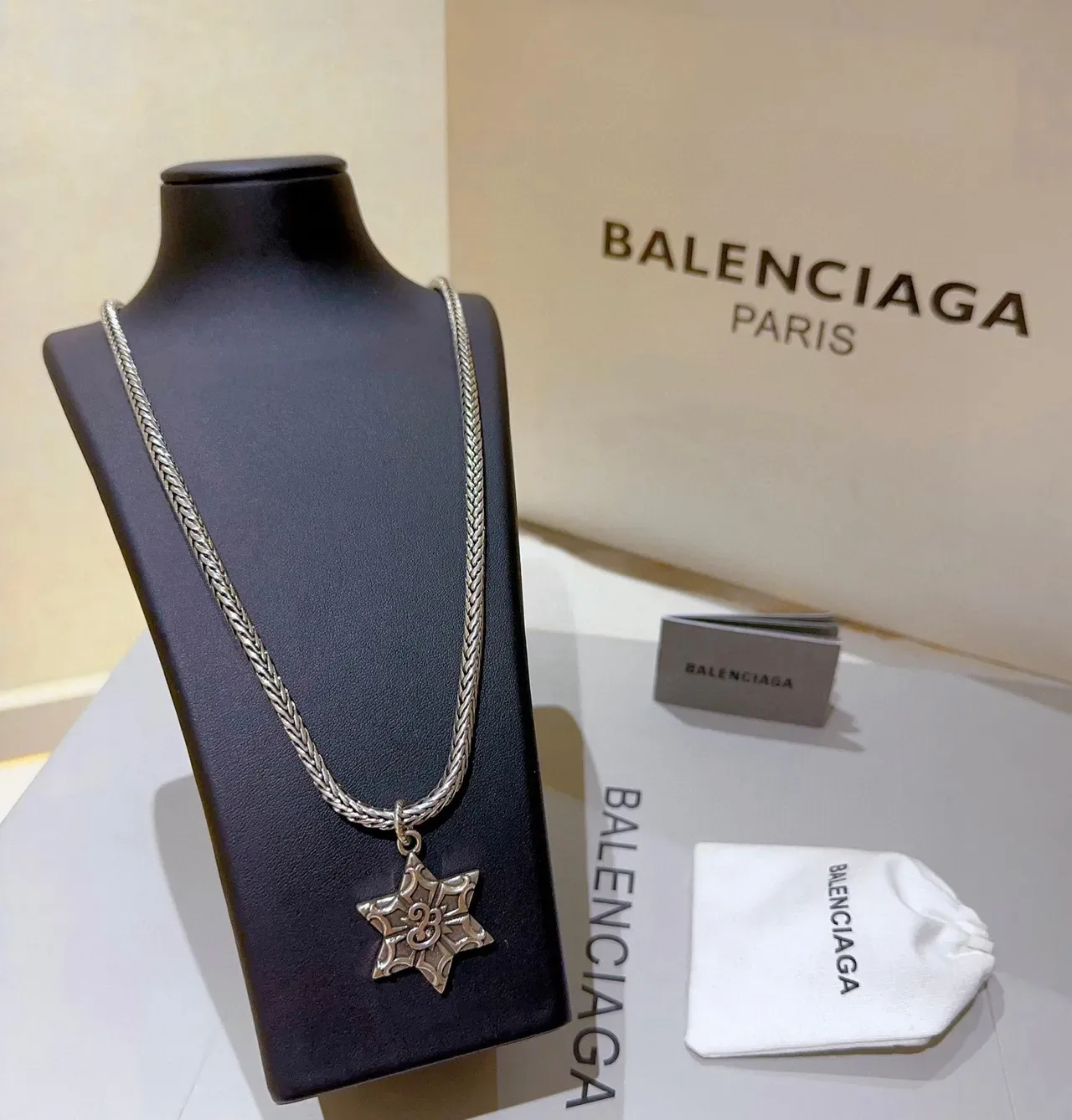 Balenciaga Star Pendant Silver Black Braided Curb Chain Necklace 4