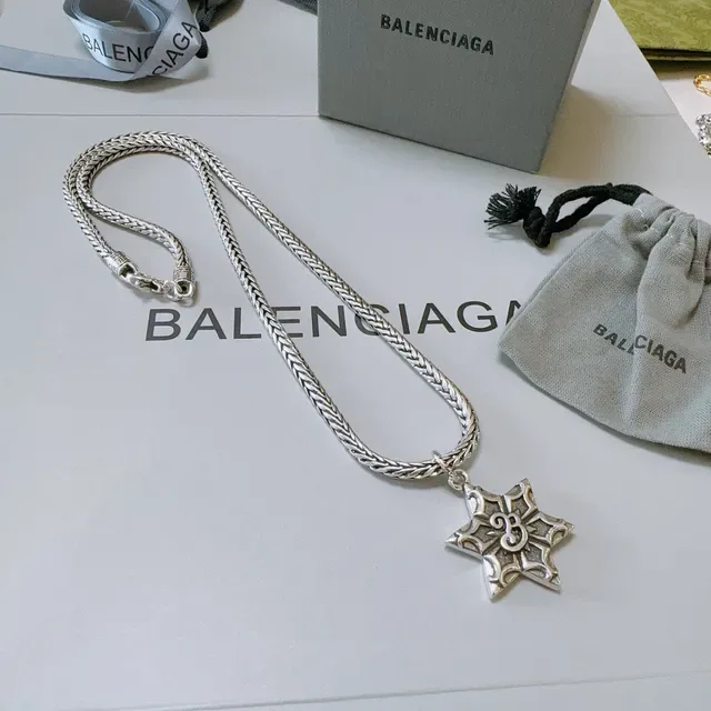 Balenciaga Star Pendant Silver Black Braided Curb Chain Necklace 6