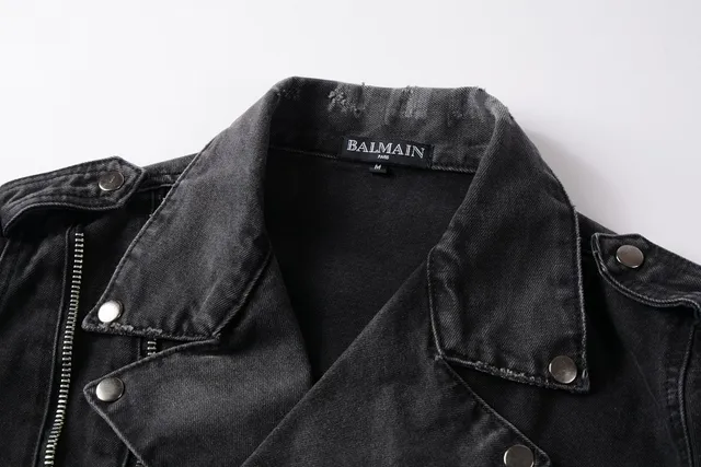 Balmain Black Gray Asymmetrical Zip Distressed Denim Jacket 9