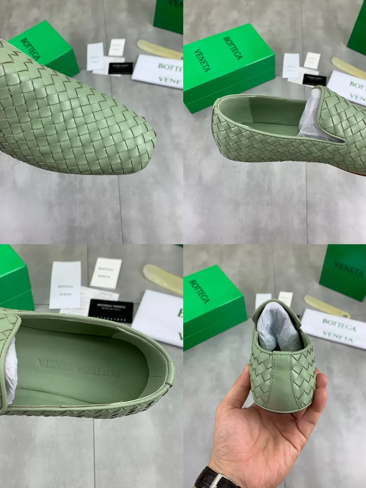 Bottega Veneta Verde Beige Cuero Intrecciato Slip-On Mocasín 3