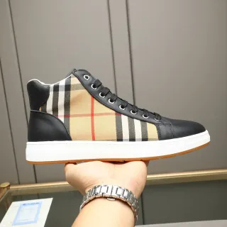 Burberry Black Beige High-Top Check-Pattern Panel Lifestyle Sneakers — catalogue photo via WWTop Yupoo