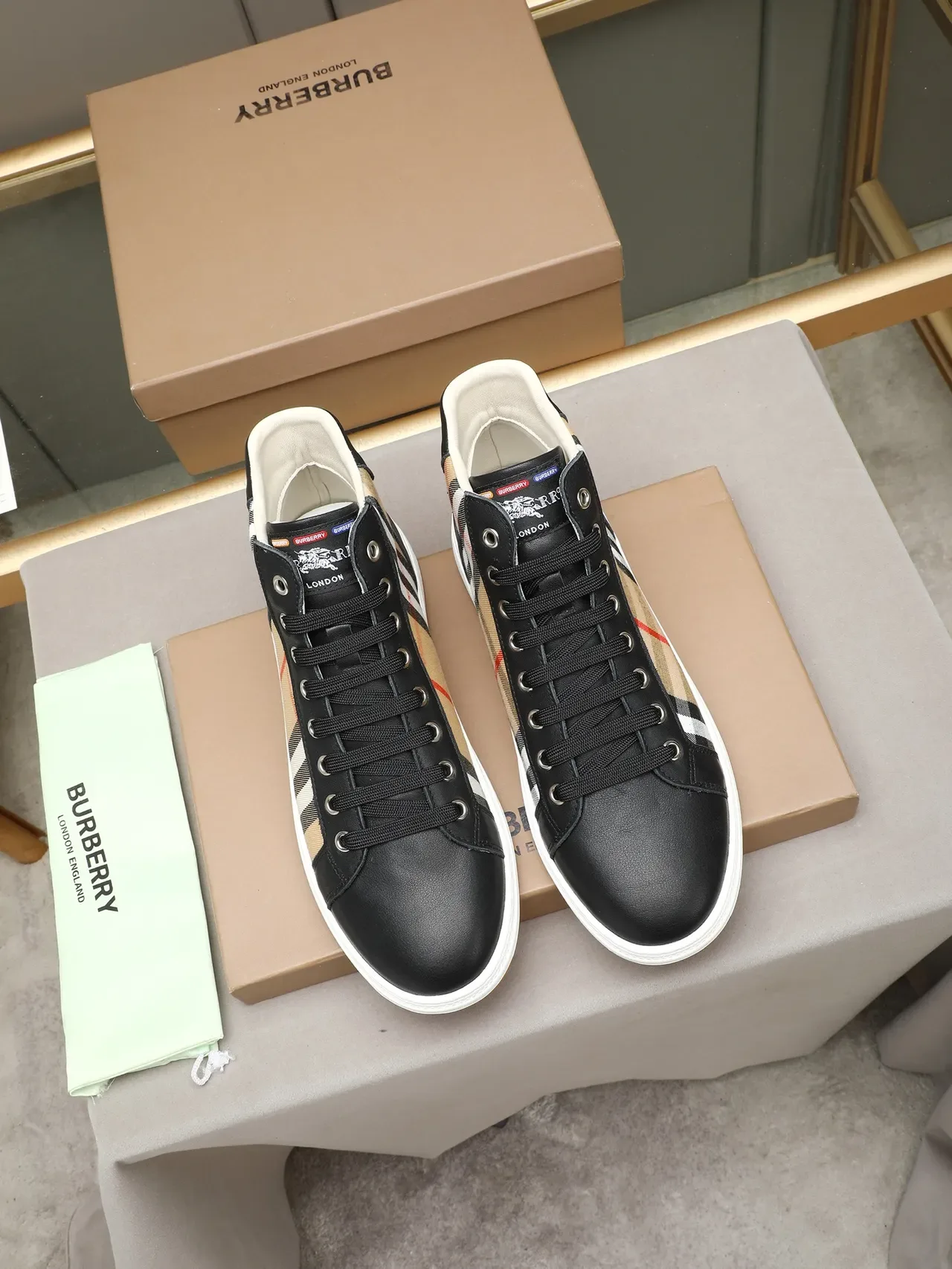 Burberry Black Beige High-Top Check-Pattern Panel Lifestyle Sneakers 2