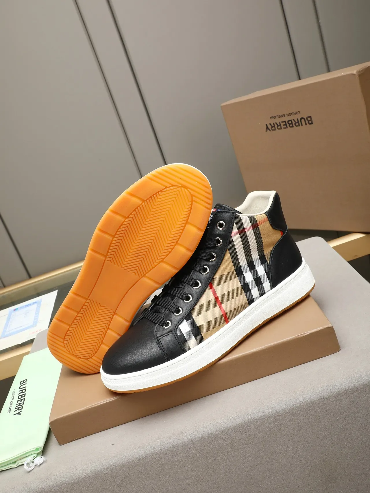 Burberry Black Beige High-Top Check-Pattern Panel Lifestyle Sneakers 4