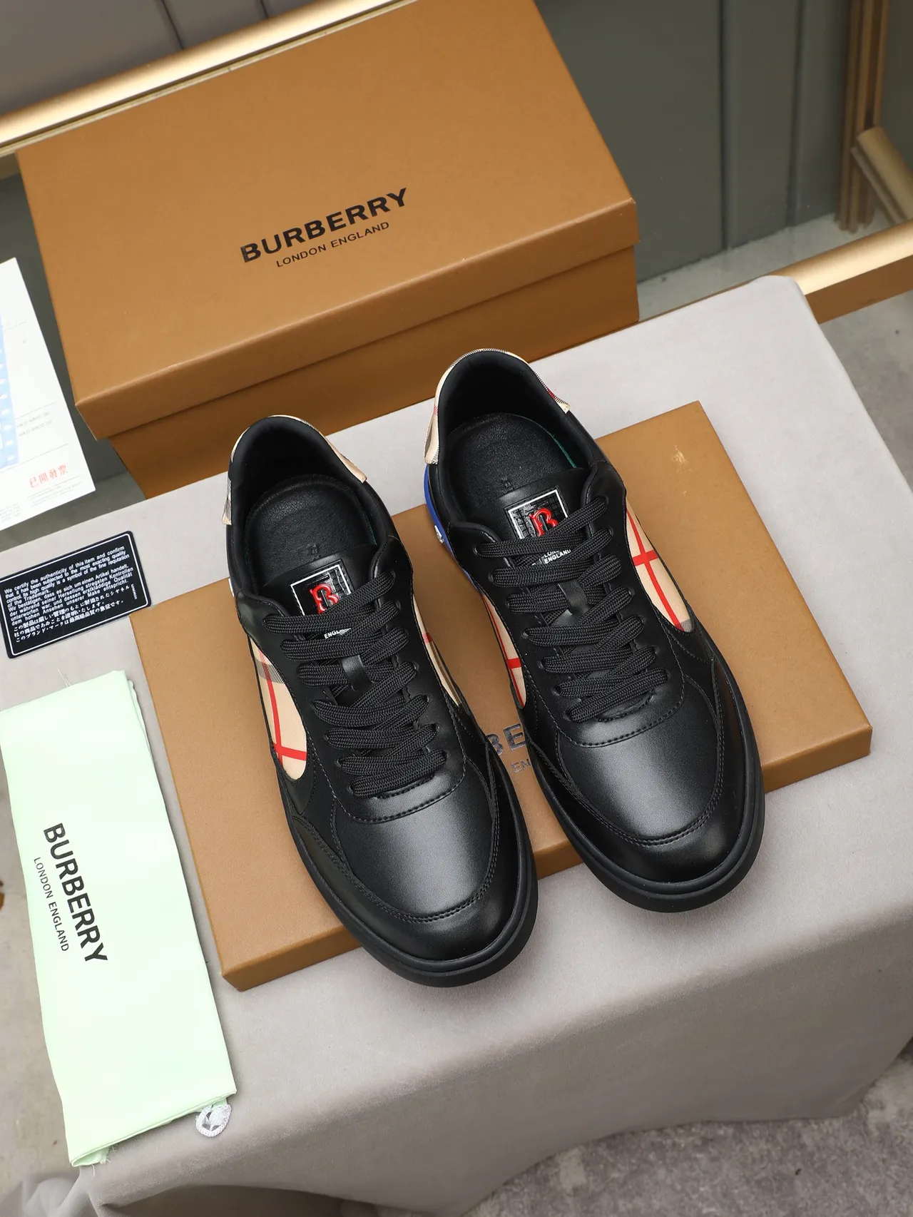 Burberry Black Blue Leather Upper House Check Paneling Lifestyle Sneakers 2
