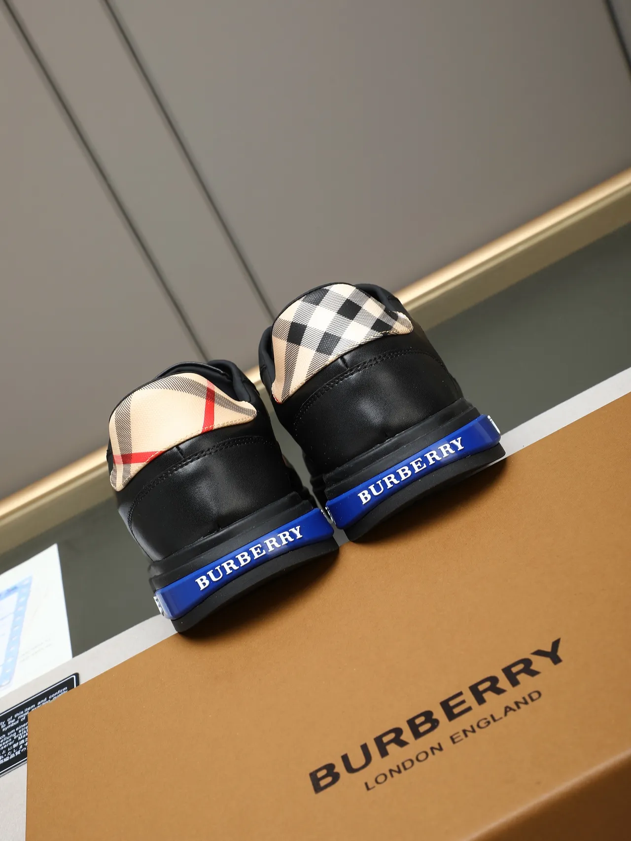 Burberry Black Blue Leather Upper House Check Paneling Lifestyle Sneakers 3