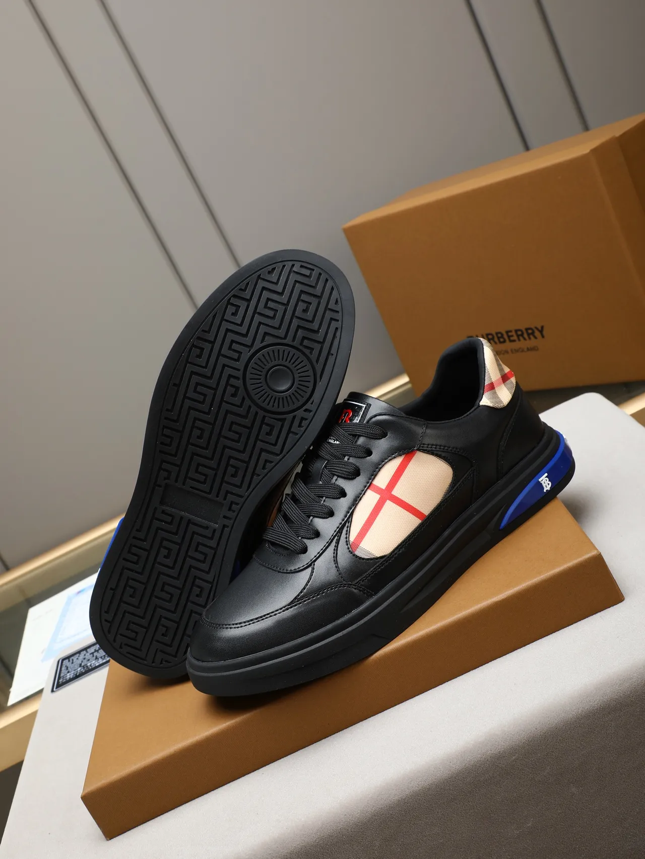 Burberry Black Blue Leather Upper House Check Paneling Lifestyle Sneakers 4