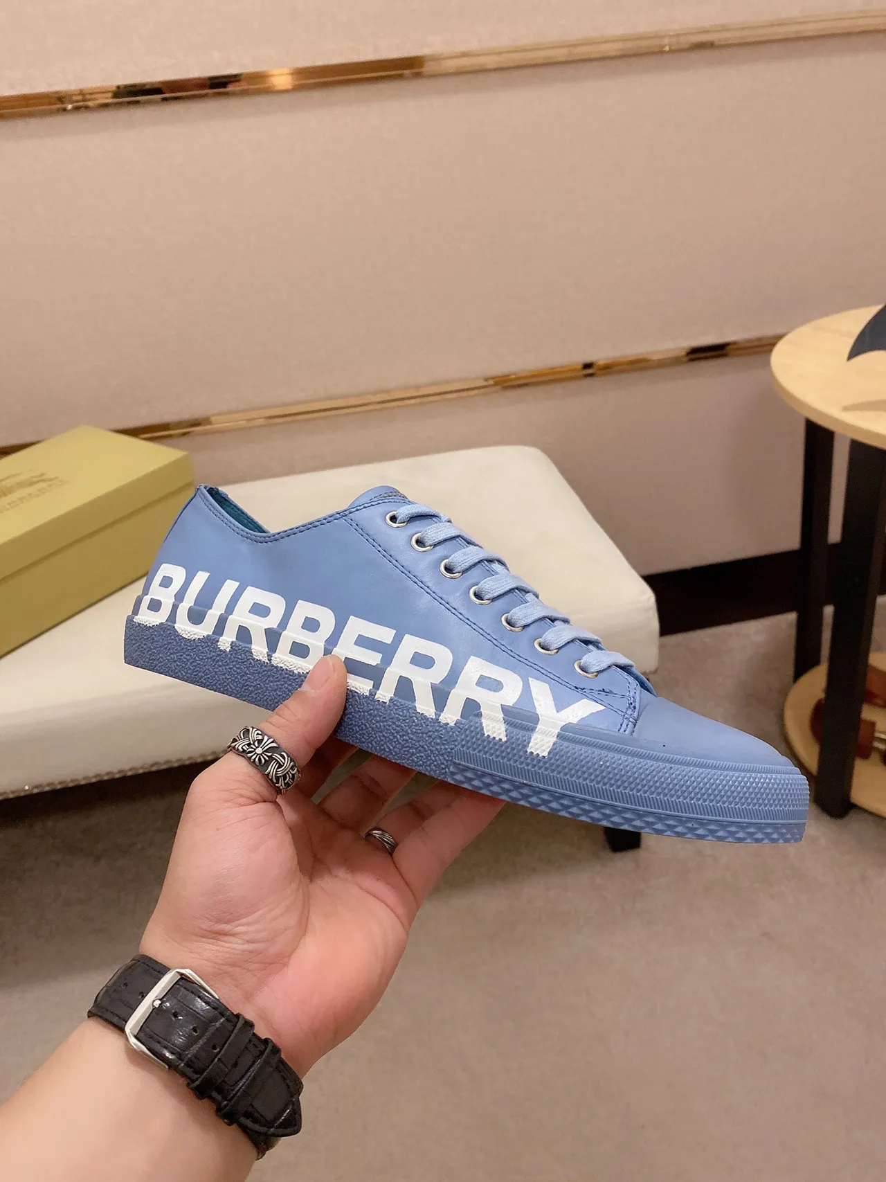 Burberry Blue White Low-Top Logo-Print Side Lifestyle Sneakers 7