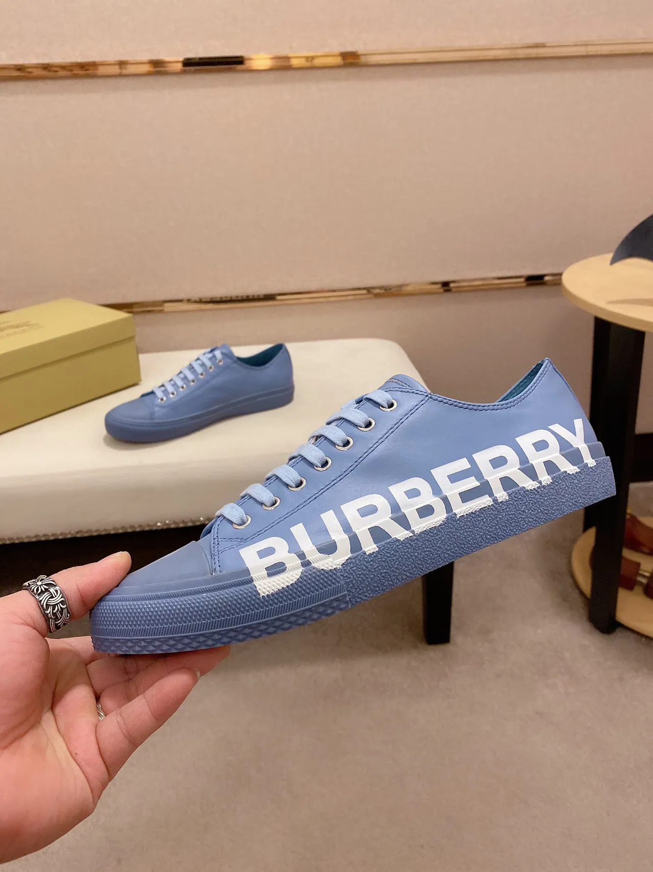 Burberry Blue White Low-Top Logo-Print Side Lifestyle Sneakers 8