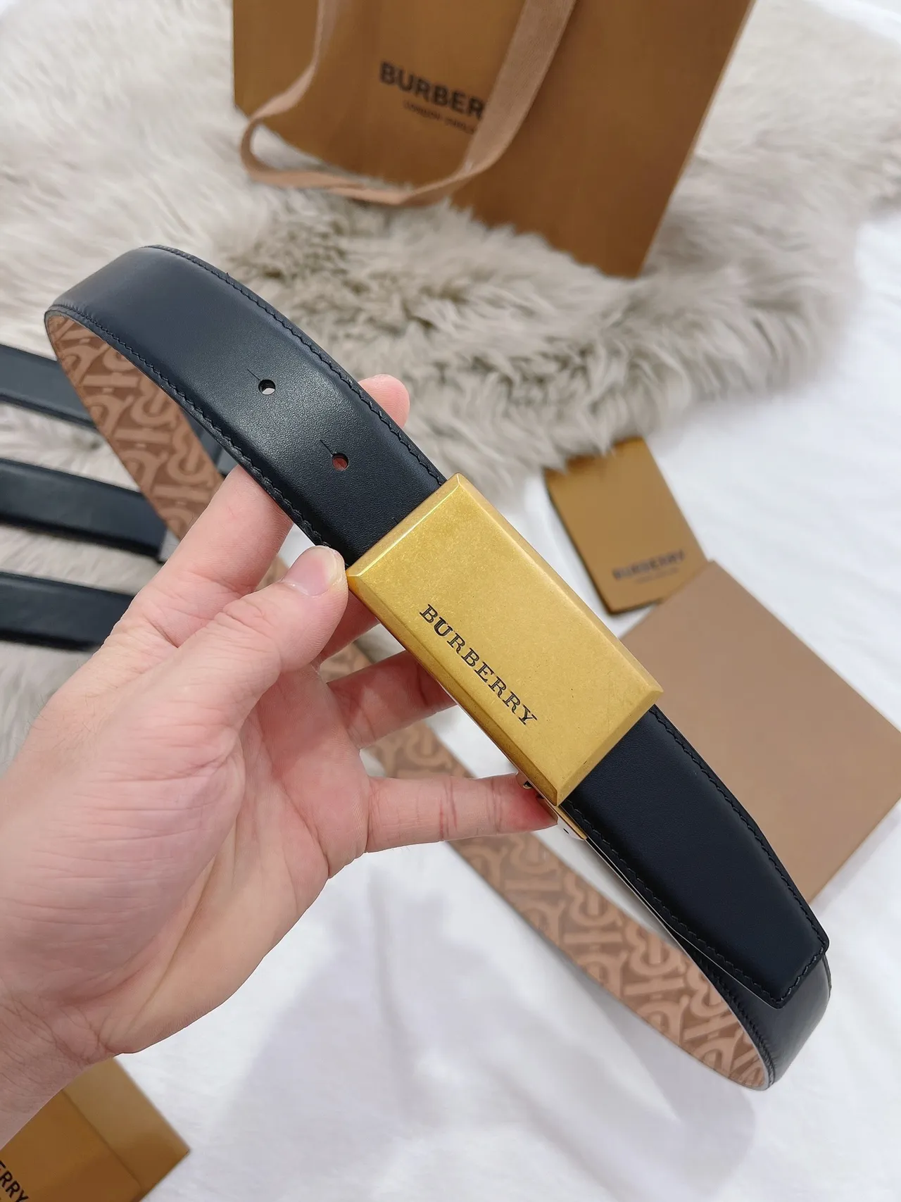 Burberry Knight Reversible Monogram Black Leather Belt 8