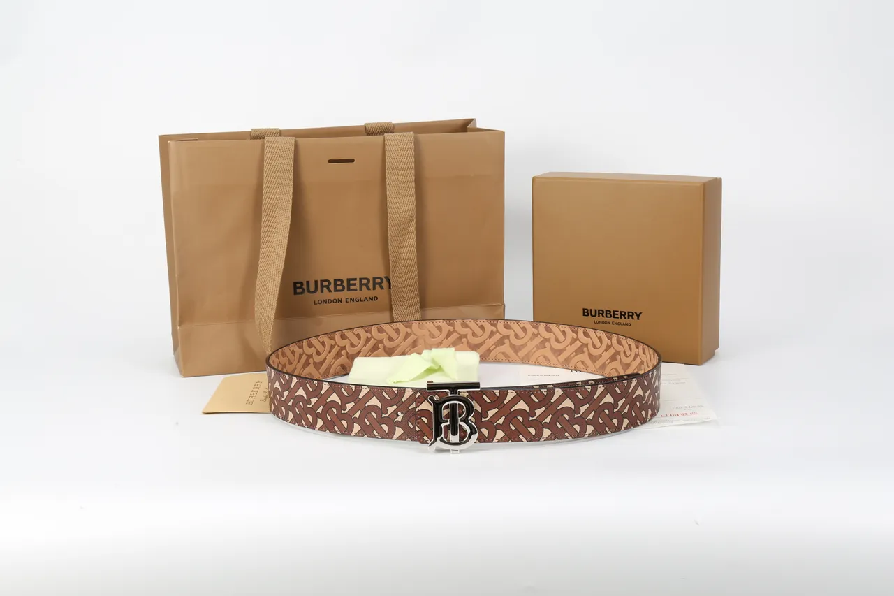Burberry TB Belt Brown Beige Monogram Leather Belt 2