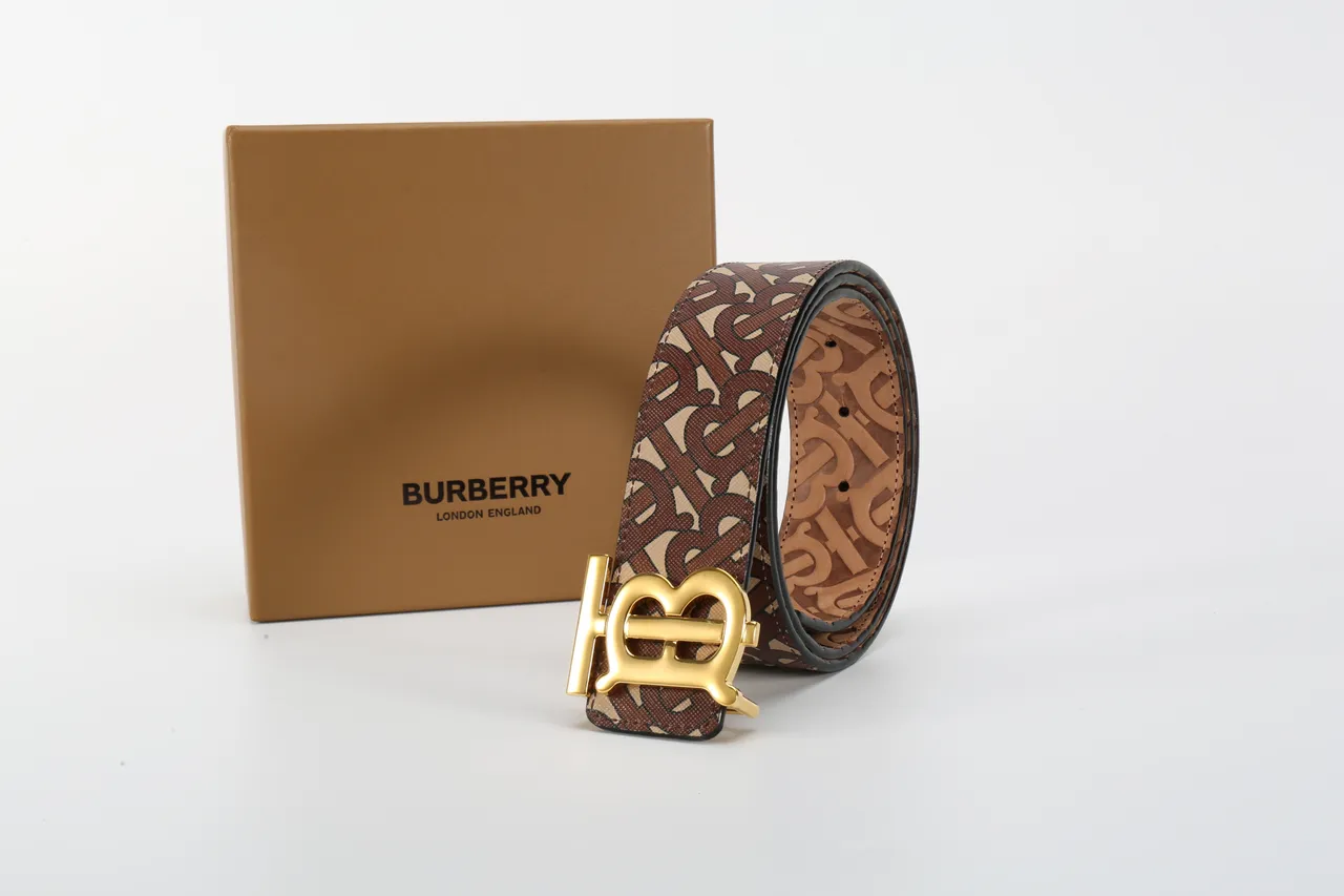 Burberry TB Belt Brown Beige Monogram Leather Belt 6