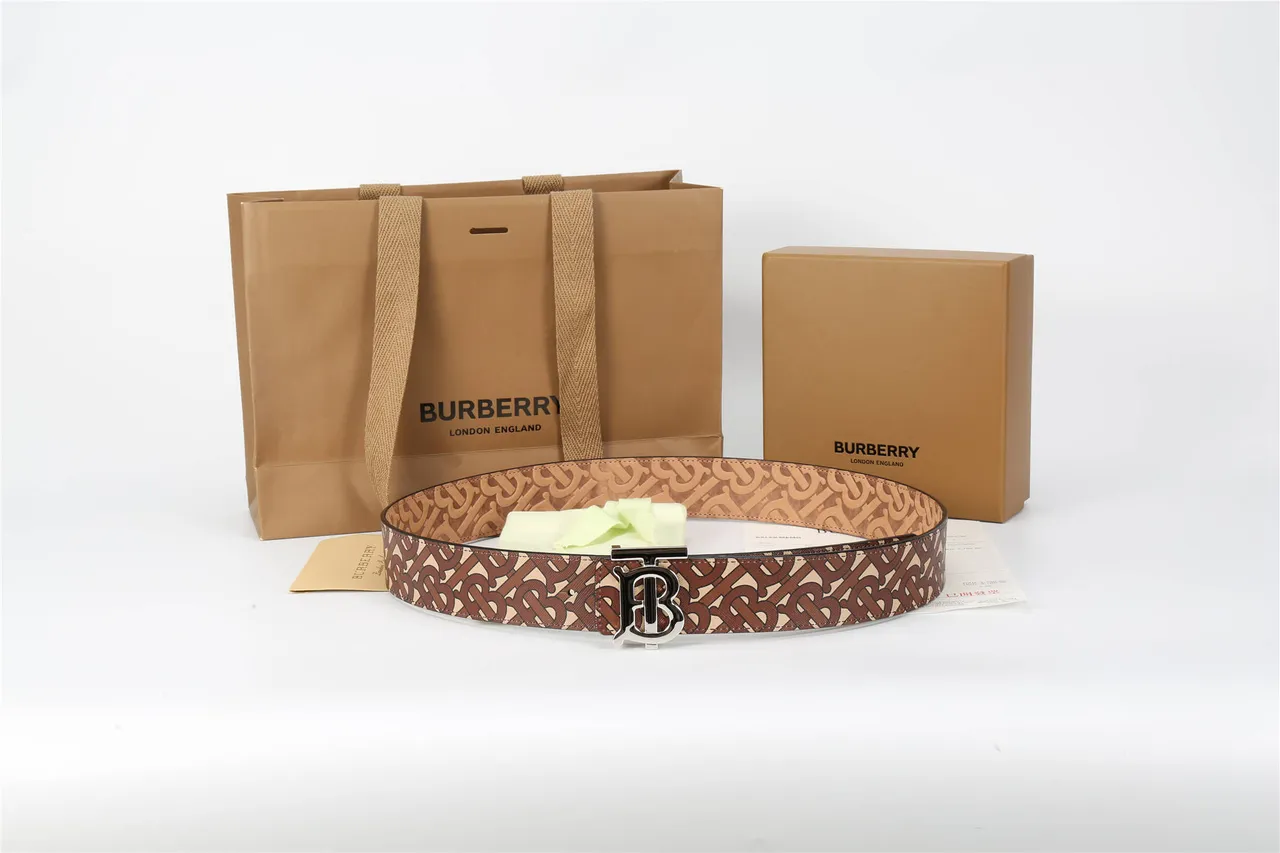 Burberry TB Belt Brown Beige Monogram Leather Belt 10