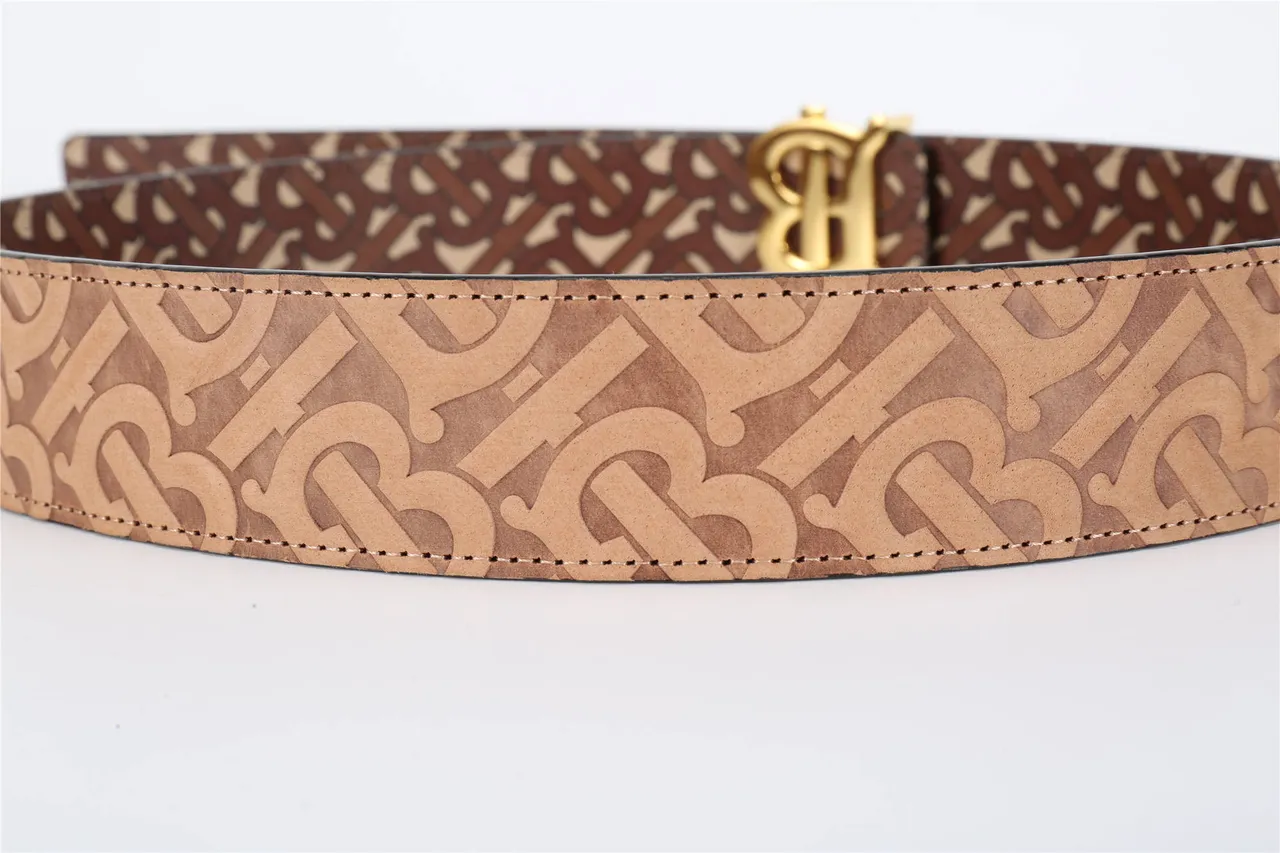 Burberry TB Belt Brown Beige Monogram Leather Belt 16