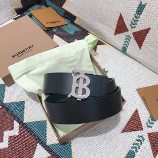Burberry TB Monogram Belt Black Silver Smooth Oversized Buckle Leather Belt