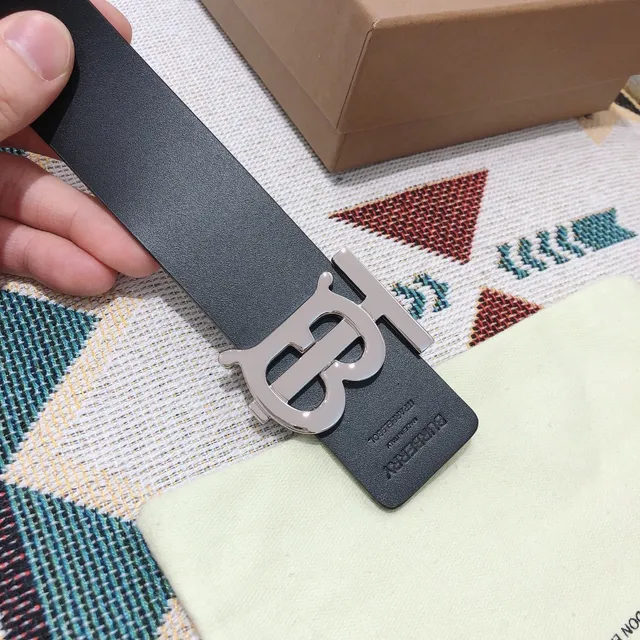 Burberry TB Monogram Belt Black Silver Smooth Oversized Buckle Leather Belt 6