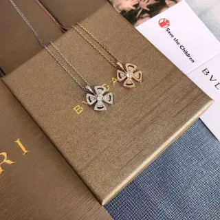 Bvlgari Fiorever Gold Silver Four-Petal Clover Pendant Pavé-Set Triangular Arms Necklace