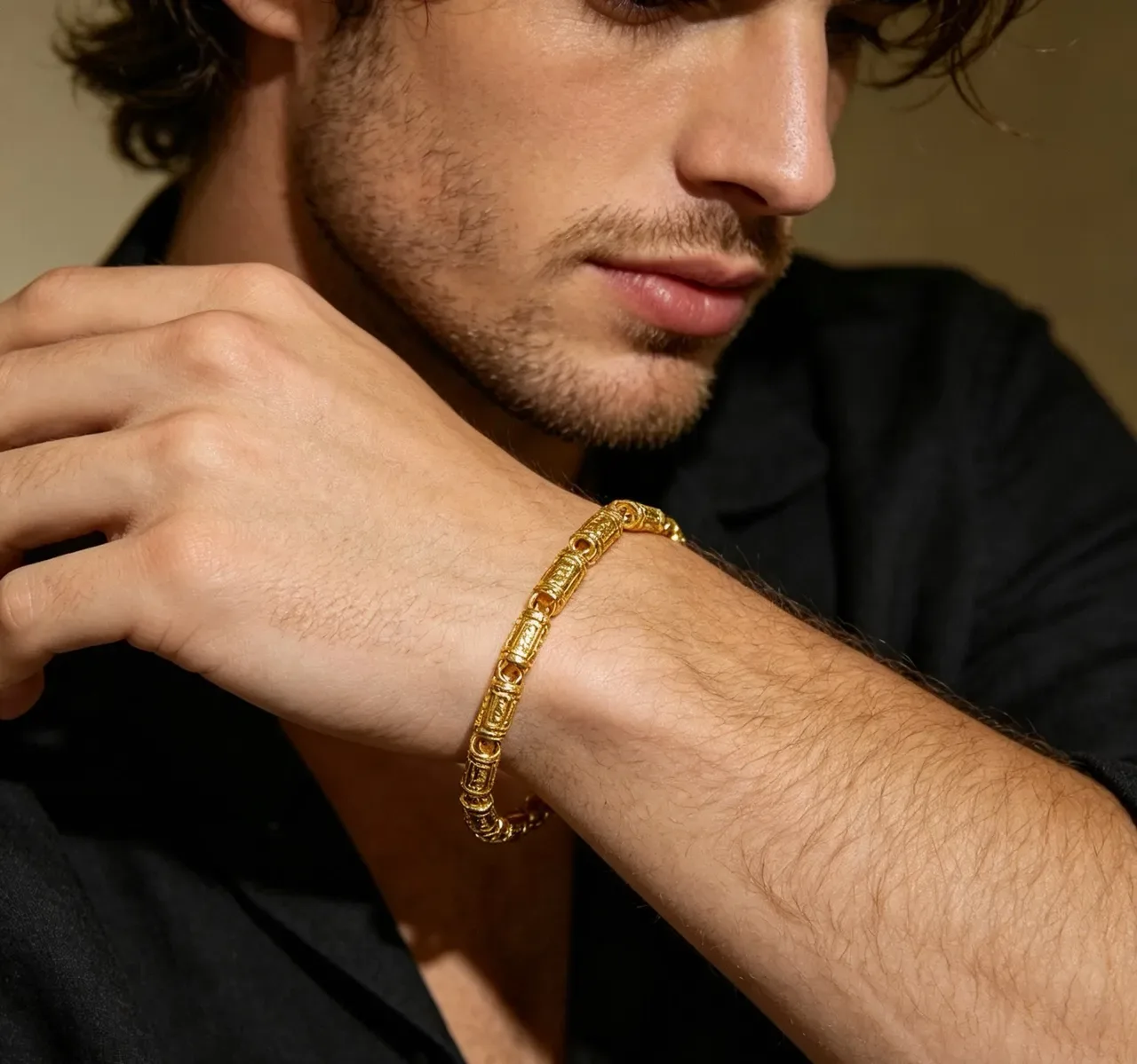 Bvlgari Gold Tubular Links Engraved Geometric Detailing Bracelet 6