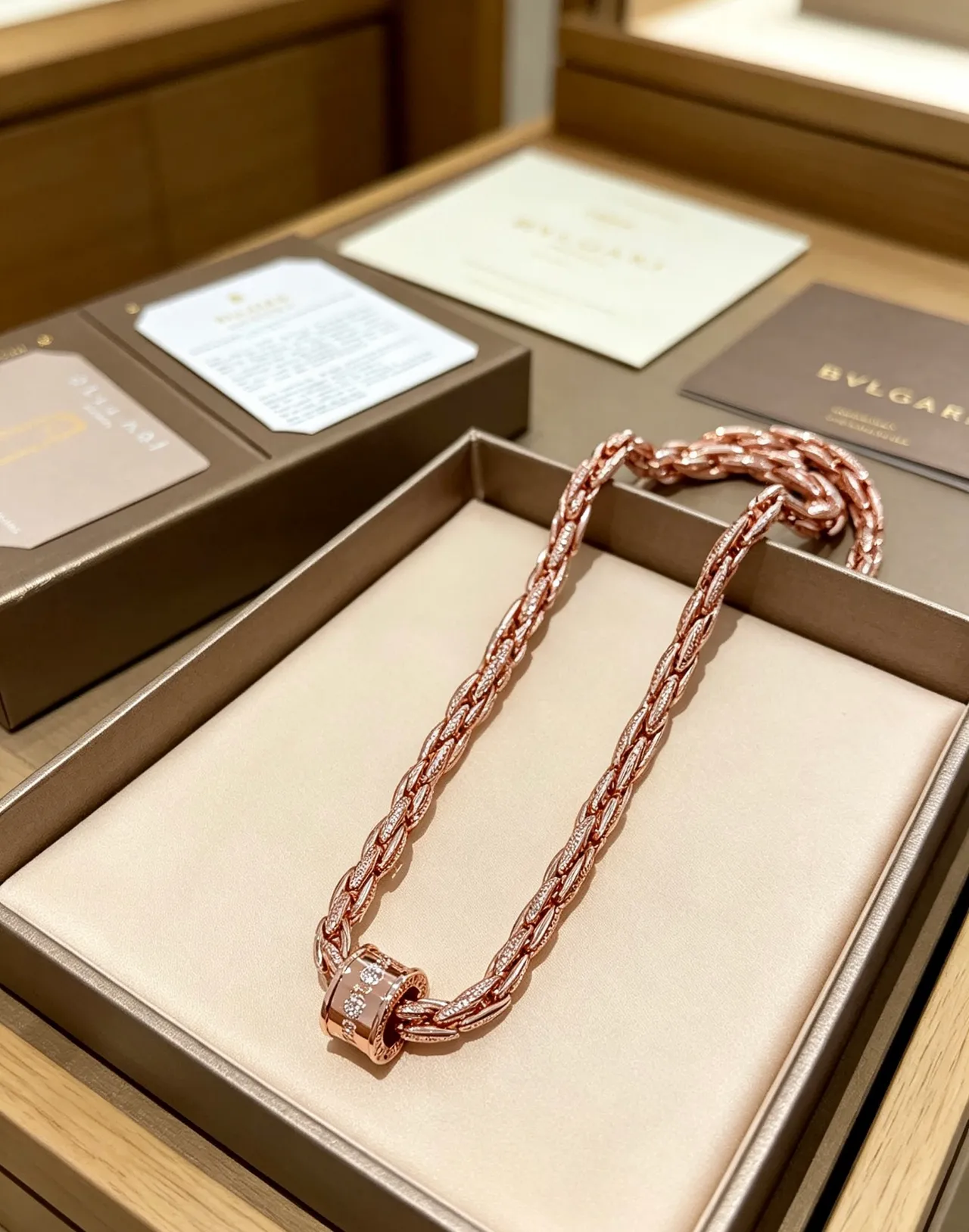 Bvlgari Pink Gold Twisted Rope-Link Chain Pavé-Diamond Clasp Necklace 2