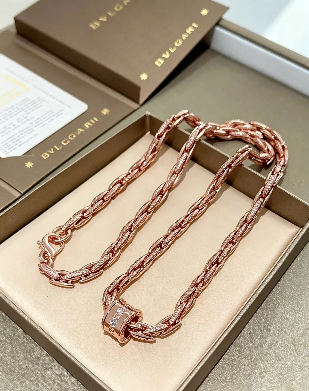 Bvlgari Pink Gold Twisted Rope-Link Chain Pavé-Diamond Clasp Necklace 4