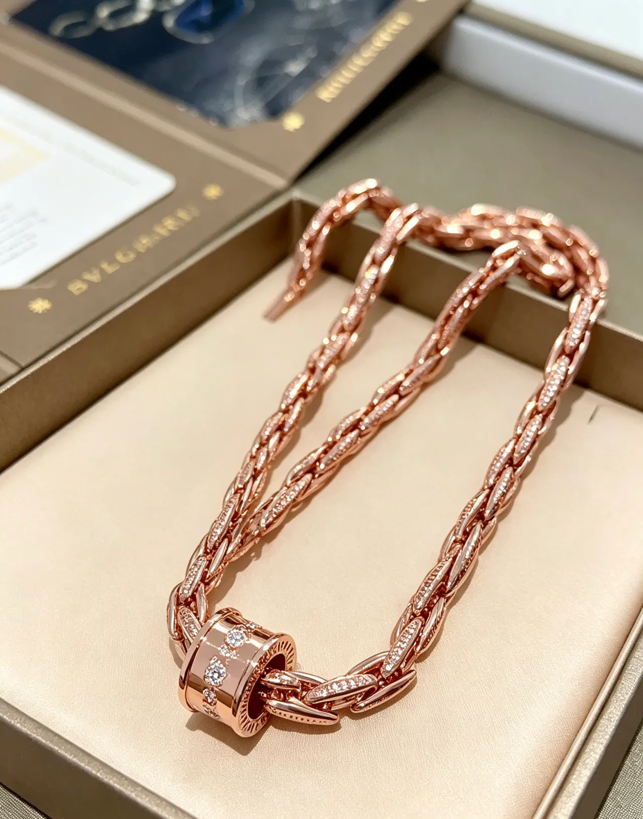 Bvlgari Pink Gold Twisted Rope-Link Chain Pavé-Diamond Clasp Necklace 5