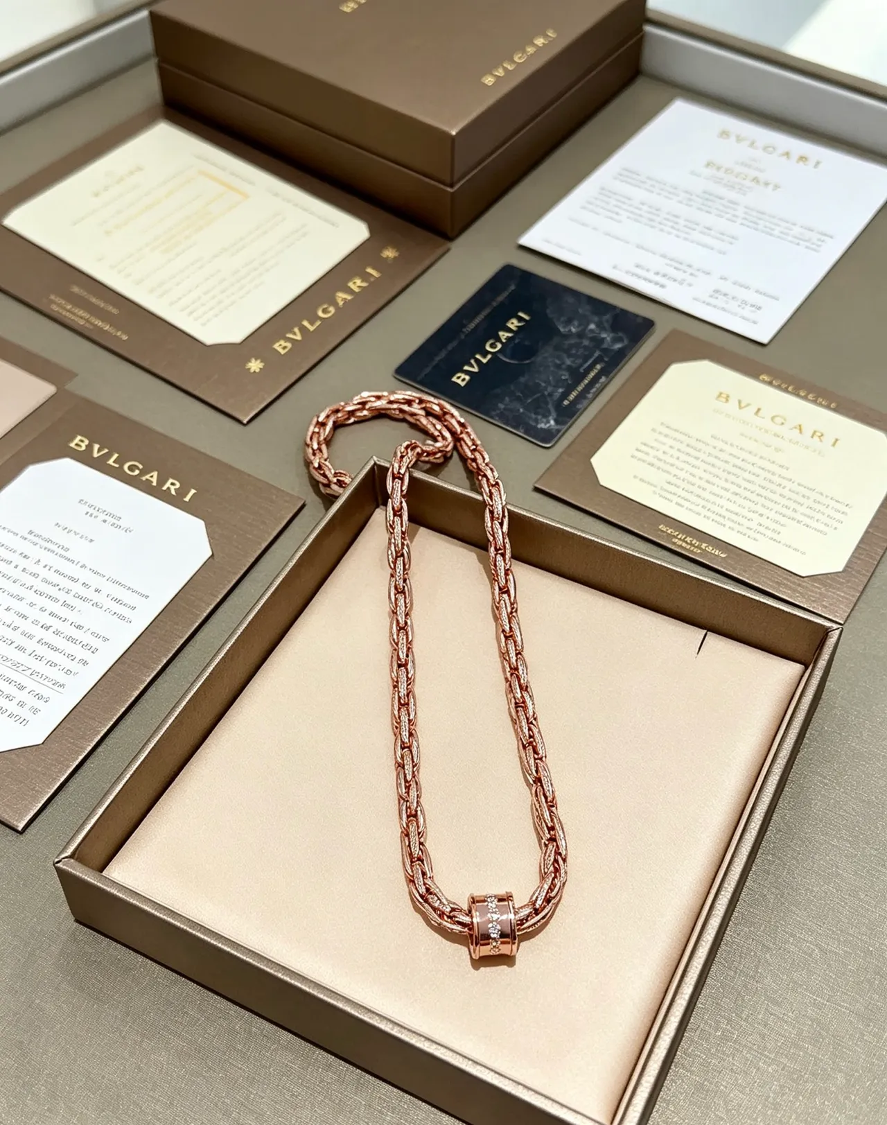Bvlgari Pink Gold Twisted Rope-Link Chain Pavé-Diamond Clasp Necklace 7
