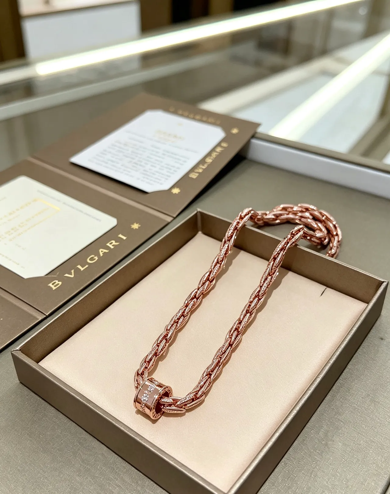Bvlgari Pink Gold Twisted Rope-Link Chain Pavé-Diamond Clasp Necklace 8