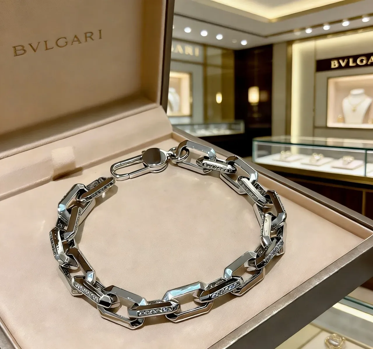 Bvlgari Rectangular Link Diamond-Accent Silver Bracelet 3