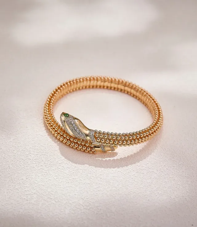 Bvlgari Serpenti Bracelete dourado verde enrolado serpentino textura de contas 2