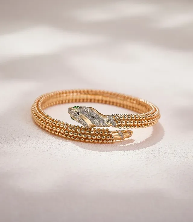 Bvlgari Serpenti Bracelete dourado verde enrolado serpentino textura de contas 6