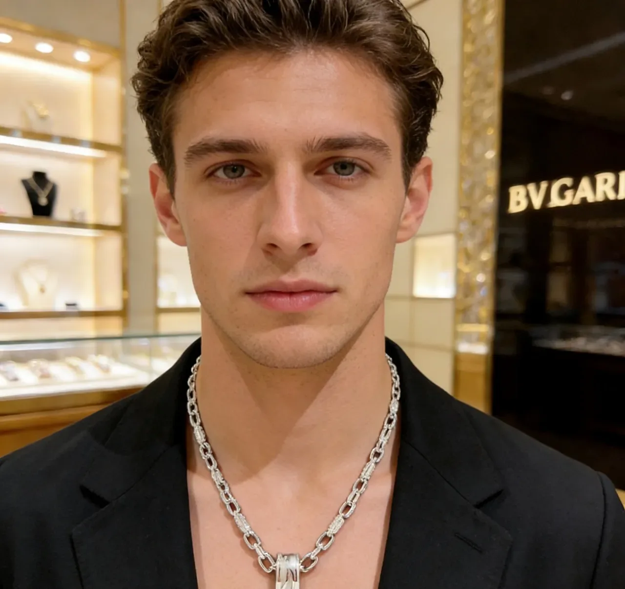 Bvlgari 银黑粗链纹理金属项链 5