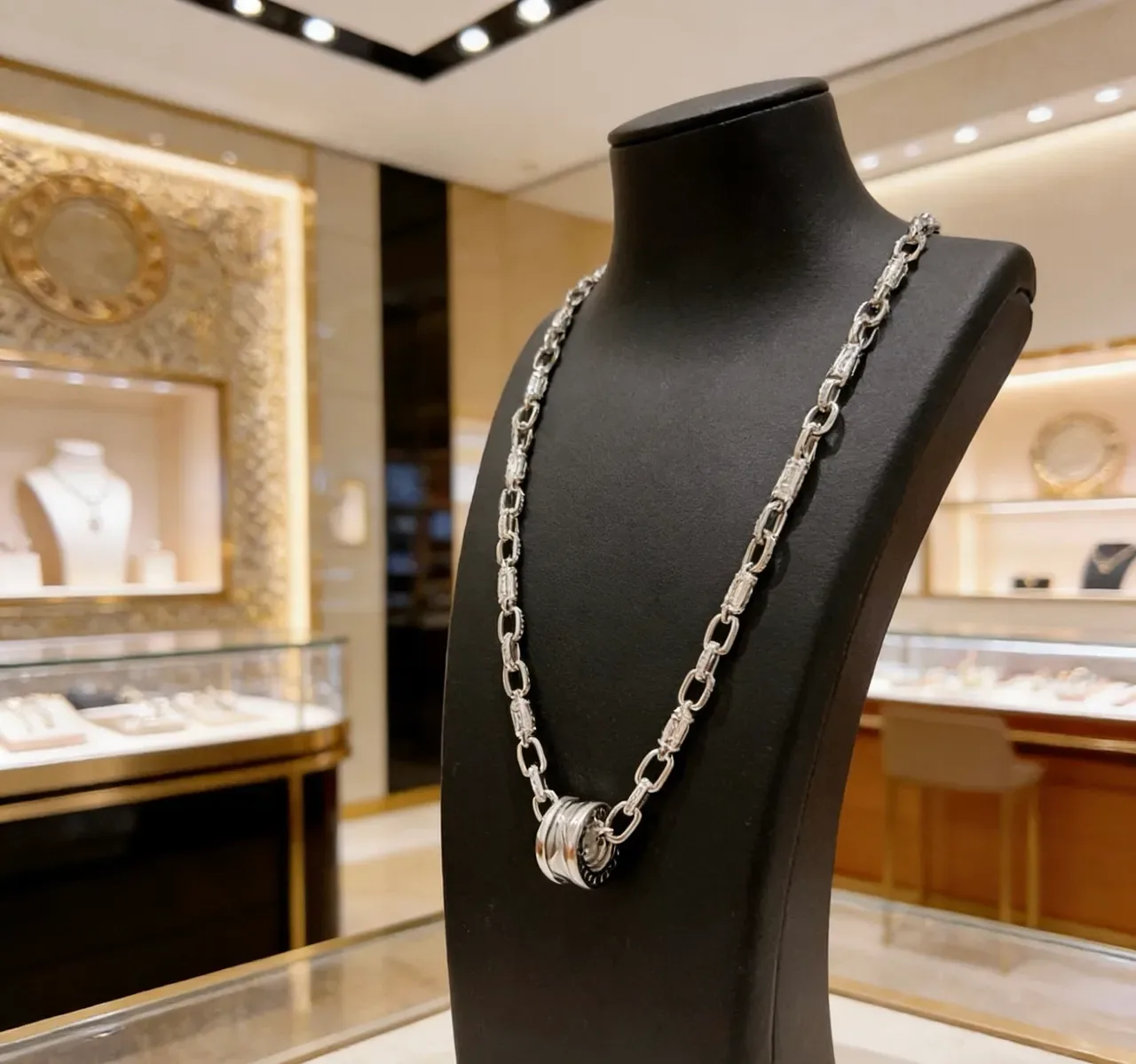Bvlgari 银黑粗链纹理金属项链 6
