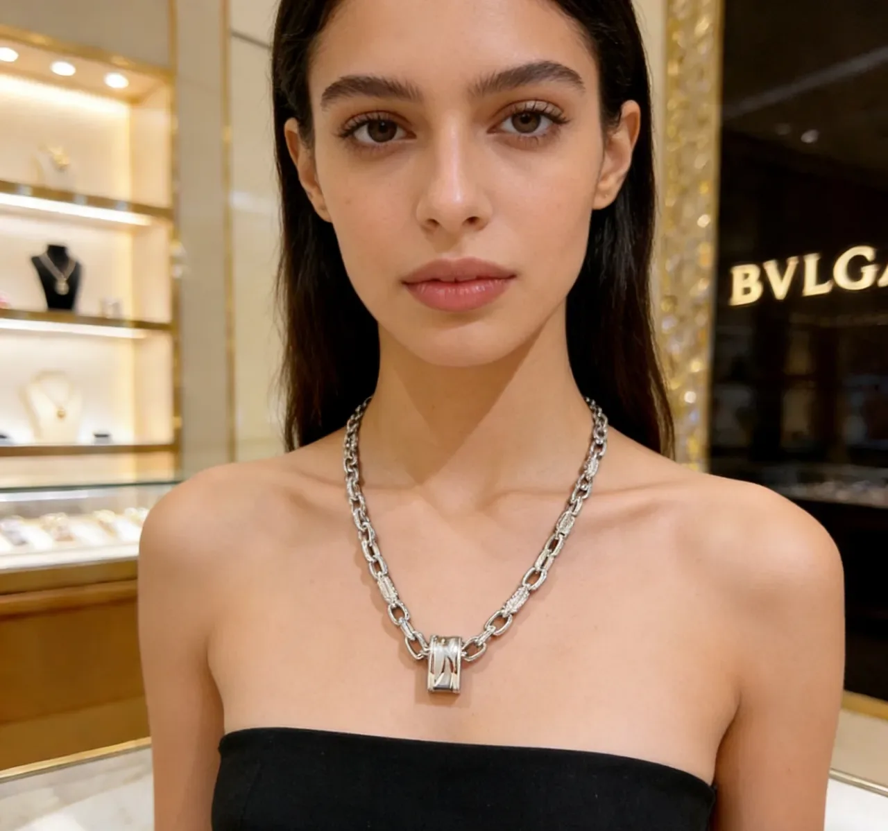 Bvlgari 银黑粗链纹理金属项链 8