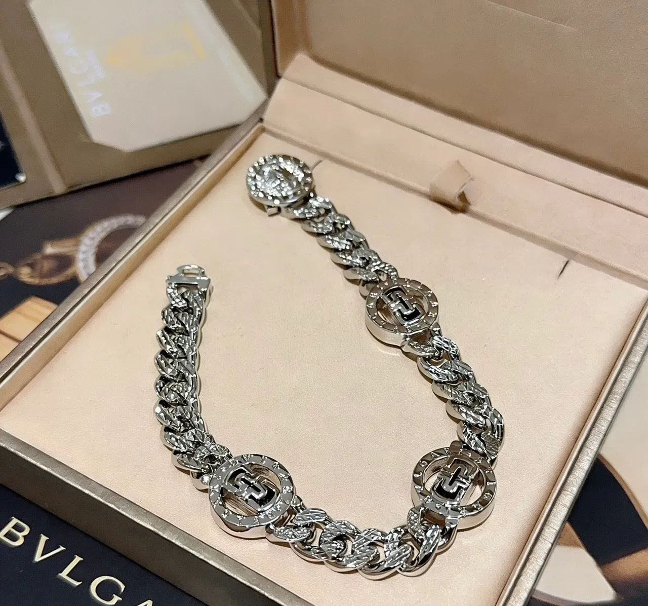 Bvlgari Silver-Tone Pavé-Set Logo Medallion Chain Bracelet 2