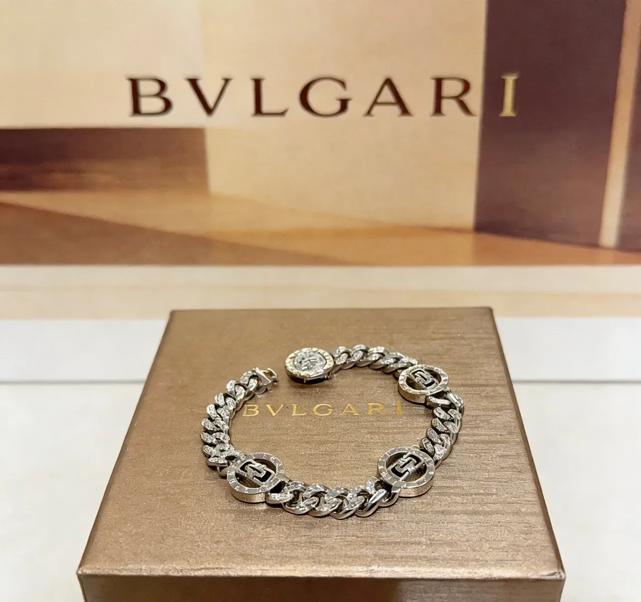Bvlgari Silver-Tone Pavé-Set Logo Medallion Chain Bracelet 3